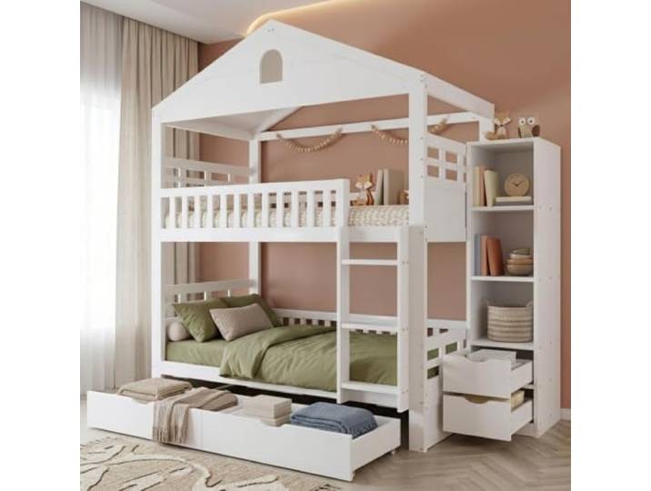Elaimoros Etagenbett 90 x 200 cm, weißes Kinderbett in Hausform Doppelstockbett für 2 Kinder mit Leiter, 2 großen Schubladen, seitlichem Aufbewahrungsschrank und Rausfallschutz