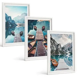 BILDER SET 3er Set - 40x60 cm Weißer Rahmen - Seebrücken, Boote, Frieden