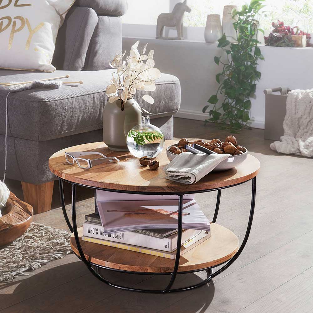 Pharao24.de Wohnzimmertisch aus Akazie Massivholz und Edelstahl rund