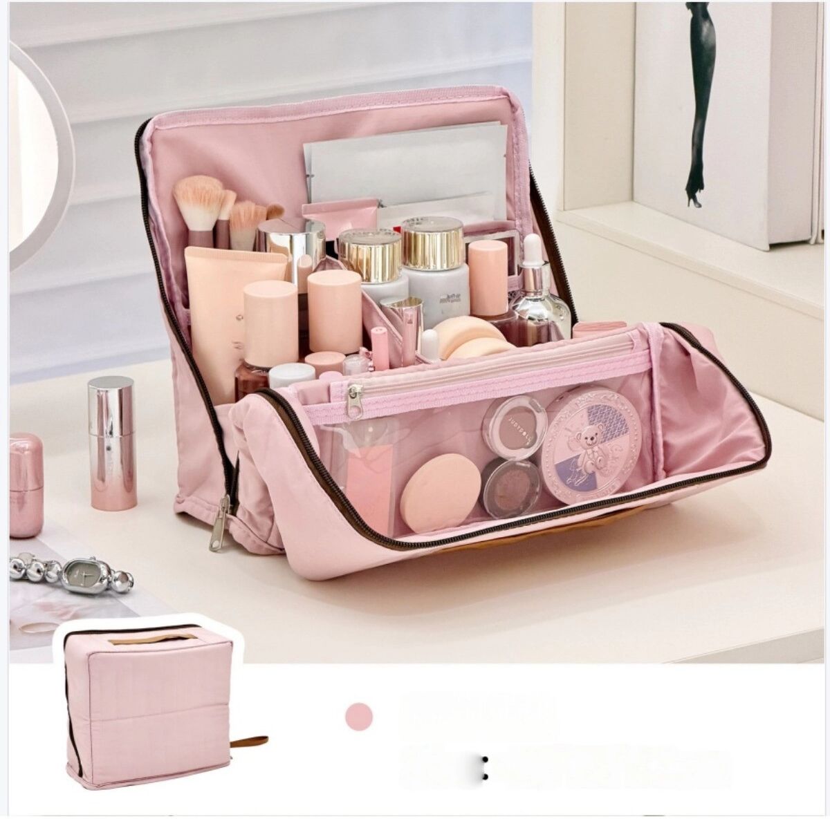 INF Kreative stehende Make-up-Tasche – Vertikaler Organizer mit großem Fassungsvermögen, durchsichtigem Reißverschlussfach und Rosa