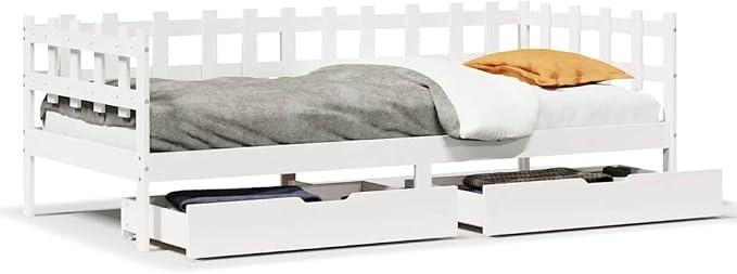 Solid Pine Wood Daybed with Drawers, 90x190 cm, White | Includes a slatted frame and functions as a 2-in-1 sofa and guest bed for bedrooms and living rooms.
