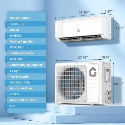 Garvee 18000 BTU Mini Split Air Conditioner, 19 SEER2 208-230V Split Unit Ac and Heat Cool Up to 1250 Sq.Ft, Ductless Air