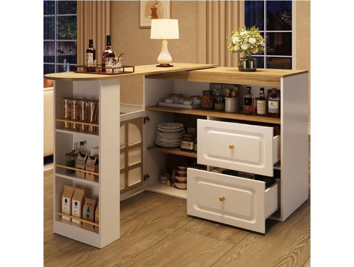 Buffet Rotatif 360° Extensible avec 2 Tiroirs et Porte Vitree Cintree - TCQPZ - en MDF Blanc