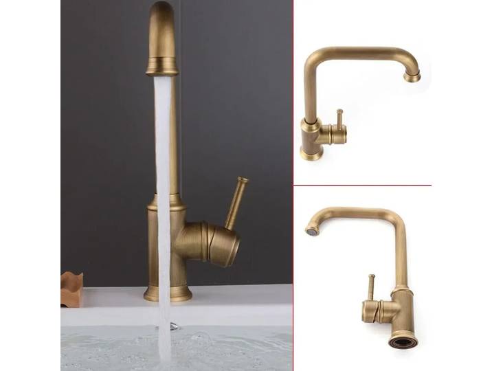 Robinet de lavabo antique, mitigeur à levier unique doré, robinet de cuisine rétro, 360° ° Robinet de lavabo rotatif à levier unique, robinet de lavabo, robinet en laiton neuf