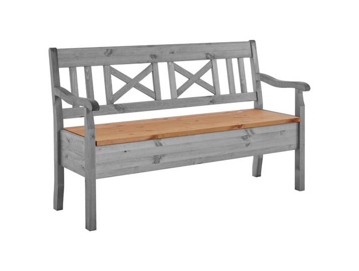 Boxxx Sitzbank, Laugenfarbig, Grau, Holz, Kiefer, massiv, 2-Sitzer, 148x93x58 cm, Truhe im Sitz, in verschiedenen Größen erhältlich, mit Rückenlehne, Holz-Dekoren erhältlich, Holzmöbel, Sitzgelegenheiten Holz, Holzbänke