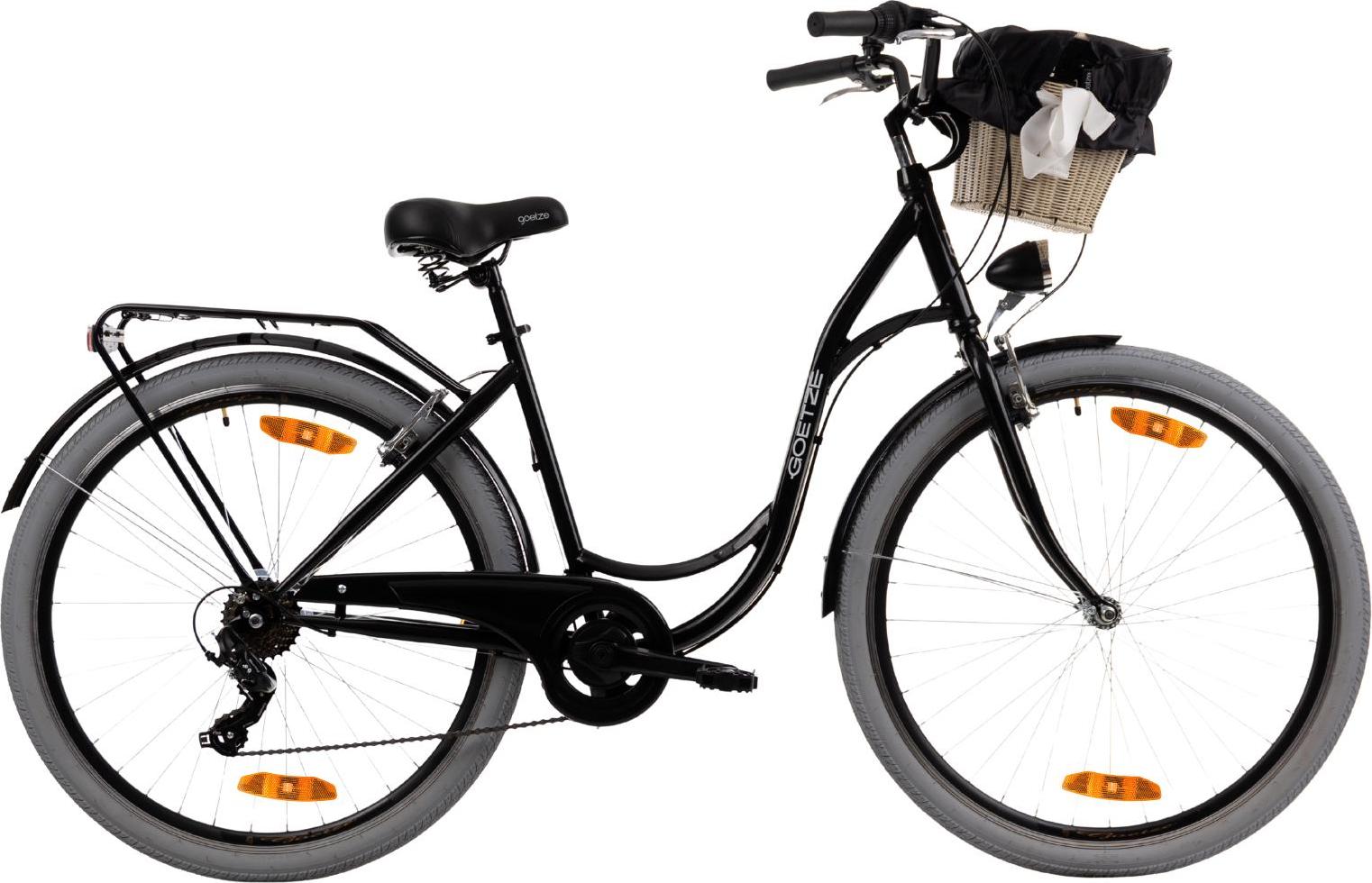 Goetze Mood 28 Zoll City Bike, 18 Zoll Tiefeinsteigerrahmen, 7-Gang Shimano, V-Bremse, LED-Beleuchtung, Komfortsattel, Rattankorb