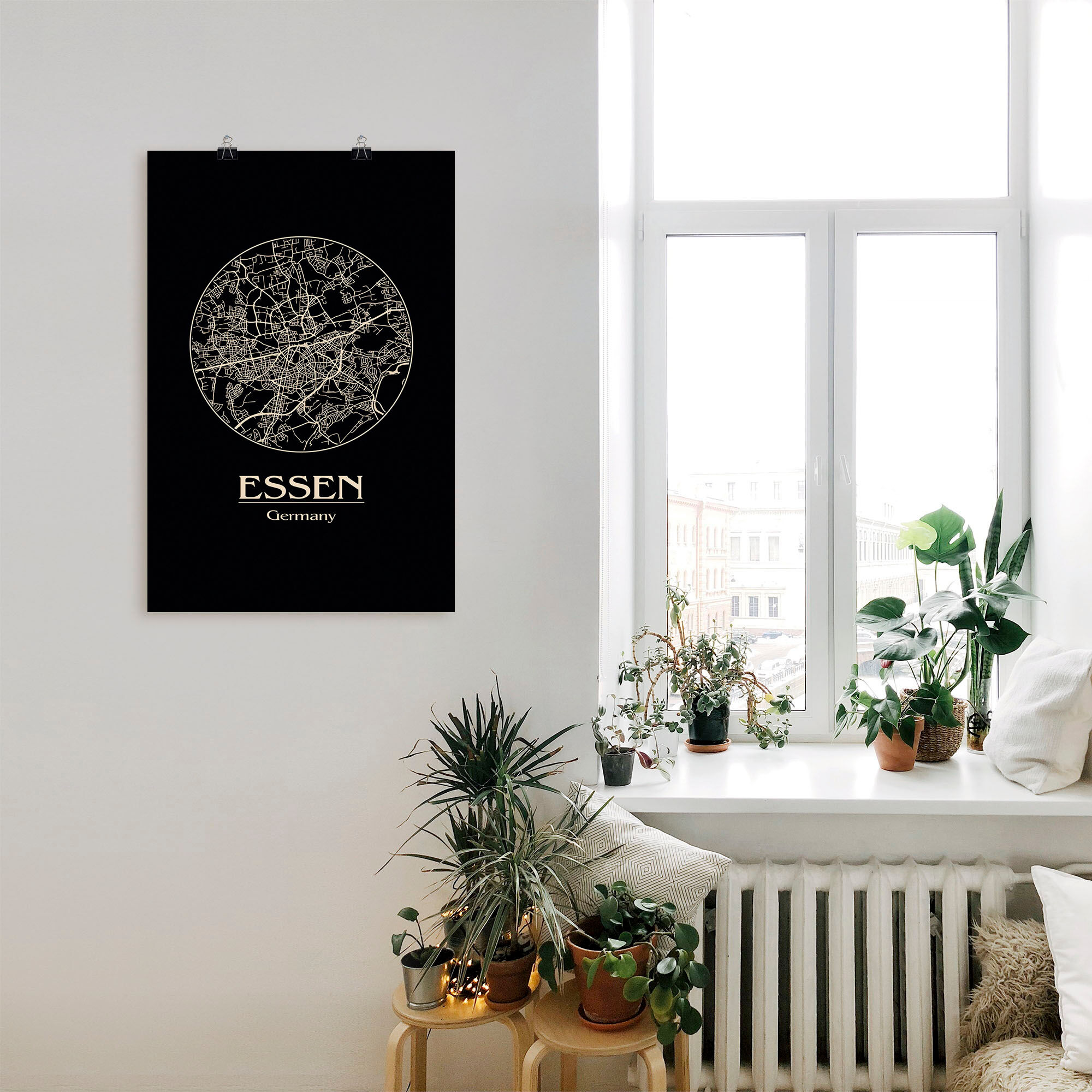 Poster ARTLAND "Retro Karte Essen Deutschland Kreis", schwarz (farbe bild(er): schwarz), B:40cm H:60cm, Bilder, Poster, ohne Rahmen farbe bild(er): schwarz B/H/T: 40cm x 60cm, Poster Deutschland Hochformat, 1 Stk.