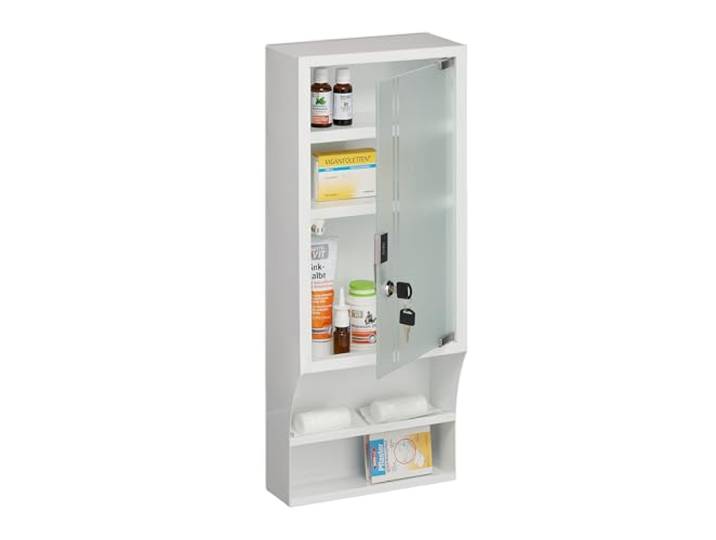 Relaxdays Armoire à Pharmacie\, Porte en Verre\, verrouillable\, 5 Compartiments\, HxLxP : 65x27x12 cm\, à accrocher\, Blanc