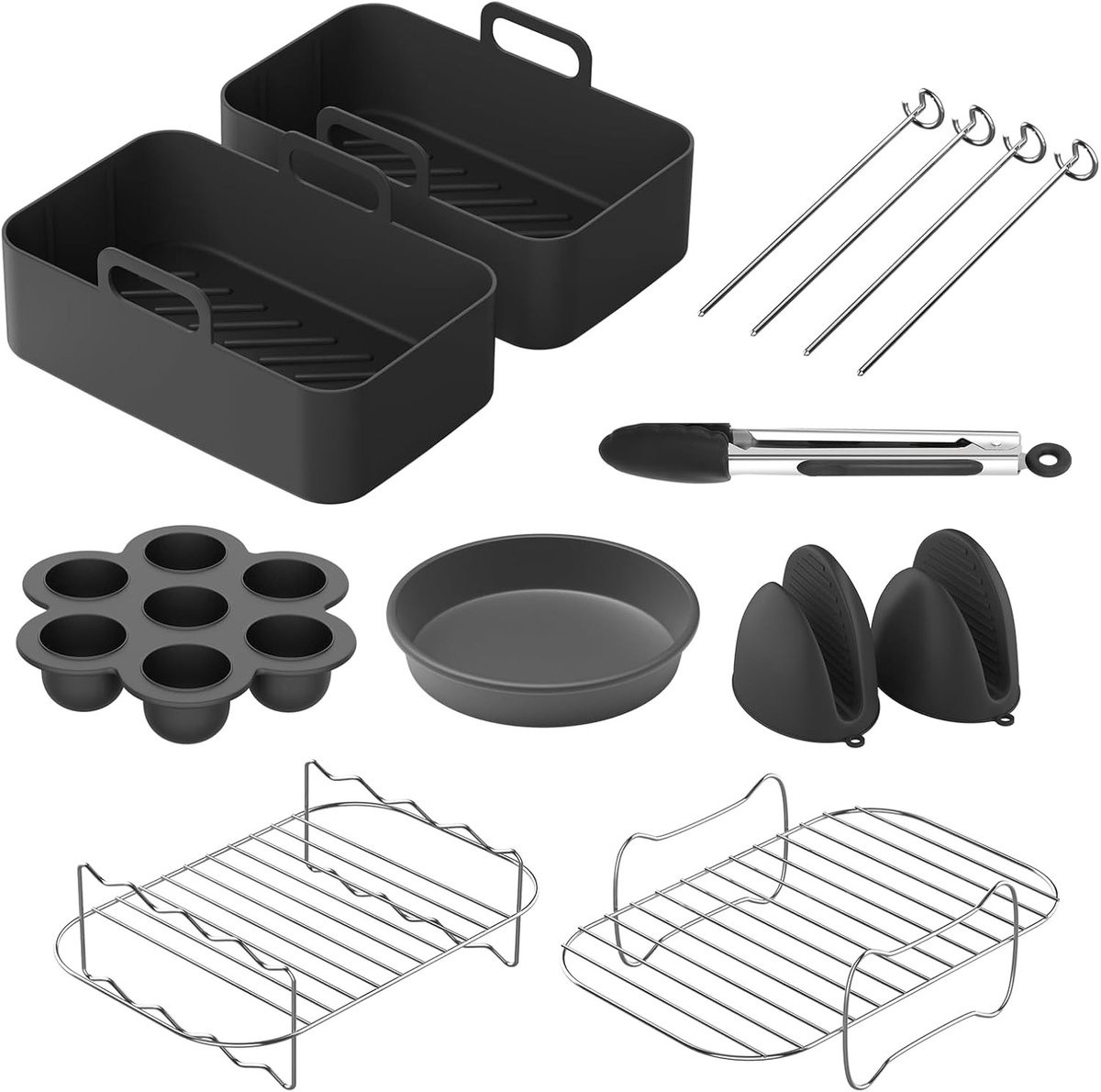 9-delige Accessoireset voor Airfryer met Pizzapan, Siliconen Ovenhandschoenen en Spieshouder