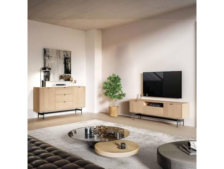 Lomadox Wohnzimmer-Set 2-teilig in Eiche mit schwarzem Fußgestellen inkl. Lowboard & Sideboard