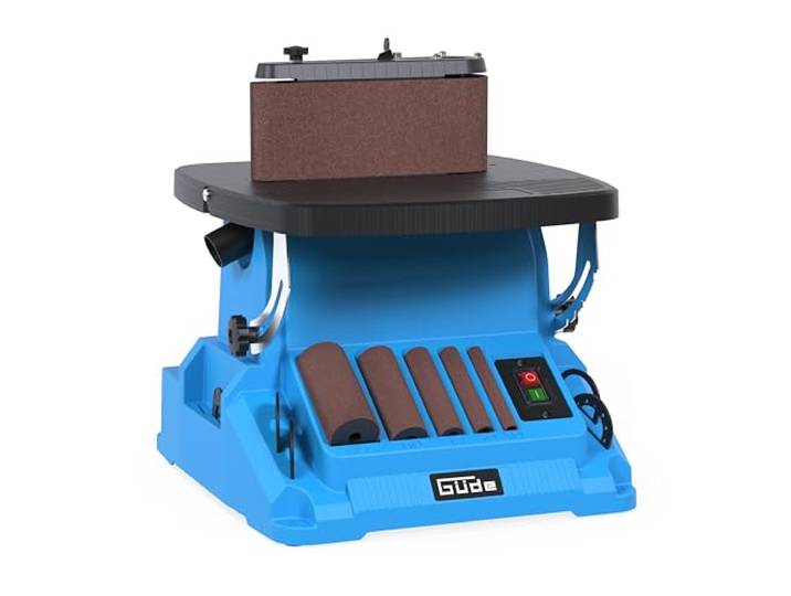 Güde Spindel-Bandschleifmaschine GSBSM 500 (230 V, 500 W, 2000 min-1 Spindeldrehzahl, 8 m/s Bandgeschw., oszillierend, 2 in 1 Gerät, werkzeuglose Umrüstung, Tisch 0-45° einstellbar, inkl. Zubehör)