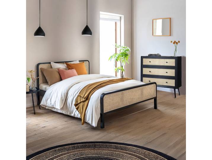 Chambre lit cannage avec commode noir ANNA 140x200