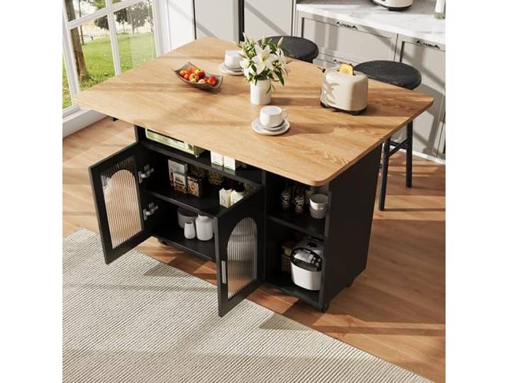 ModernLuxe Mobile Kücheninsel mit klappbarer Tischplatte, Buffetschrank & Küchenwagen mit Rollen, Multifunktionaler Speisewagen, Schwarz + Holzfarbe