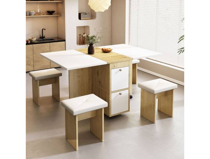 Set Table à Manger + 4 Chaises – Blanc + Chêne – Table Extensible/Pliable 120x80 cm – Design Moderne – Multifonction