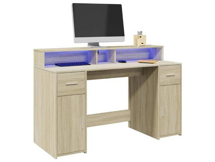 SALE 2025 Bureau informatique multimédia - Bureau avec lumières LED - multi-rangements - Chêne sonoma - bois d'ingénierie 55 Kg