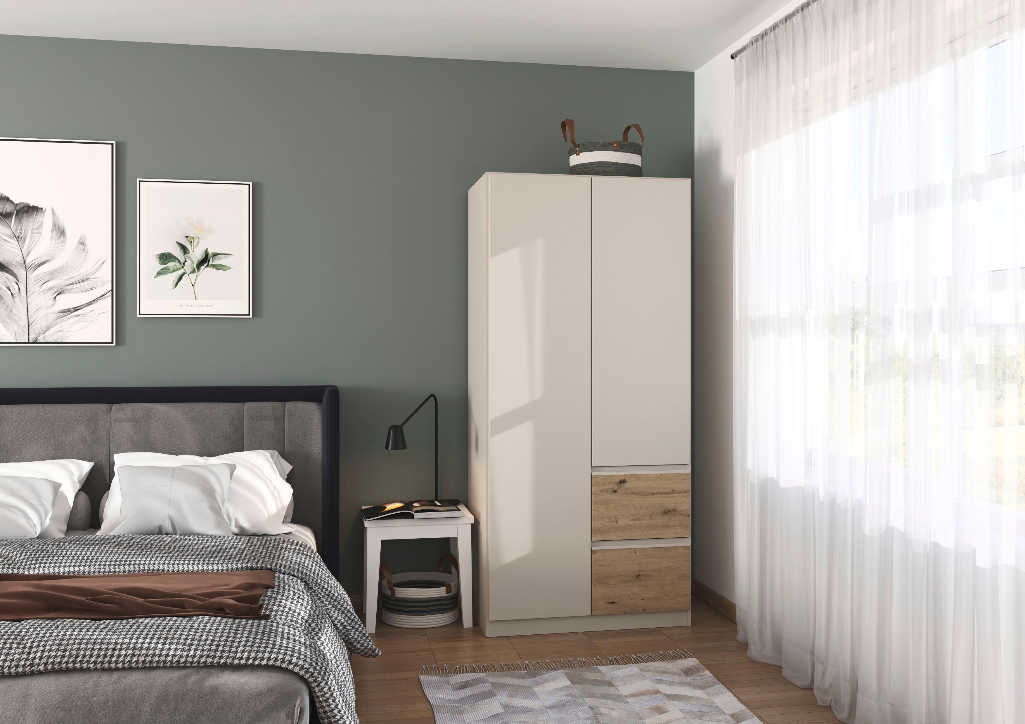 Drehtürenschrank RAUCH "Kleiderschrank Schrank Garderobe Wäscheschrank COSTA Breite 91 cm", beige (beige (champagner), eiche artisan, eingriffe beige (champagner)), B:91cm H:197cm T:54cm, Holzwerkstoff, Schränke, Drehtürenschrank, Breite 91 cm grifflose F