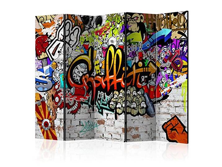 RAUMTEILER/PARAVENT B&D XXL - Graffiti, 225x172 cm, 5-teilig, Wohnzimmer Mobiler Sichtschutz, sofort einsatzbereit, Holzrahmen, ideal fürs Wohnzimmer oder Büro, geruchsneutral, lichtbeständig