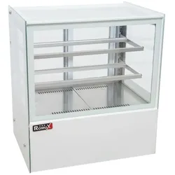Romux® Kühlvitrine für Konditorei Quadratisch Tischgerät 2 Böden Weiß 350 Liter Umluftkühlung | Kühlvitrine Gerade Glasscheiben