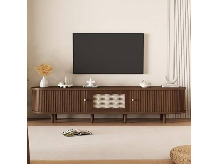 LORISMAI TV-Schrank,Ovaler TV-Ständer in Nussbaum dunkel, Rattan-Design - 180 cm MDF-Design, verstellbare Füße, 30 kg Belastbarkeit