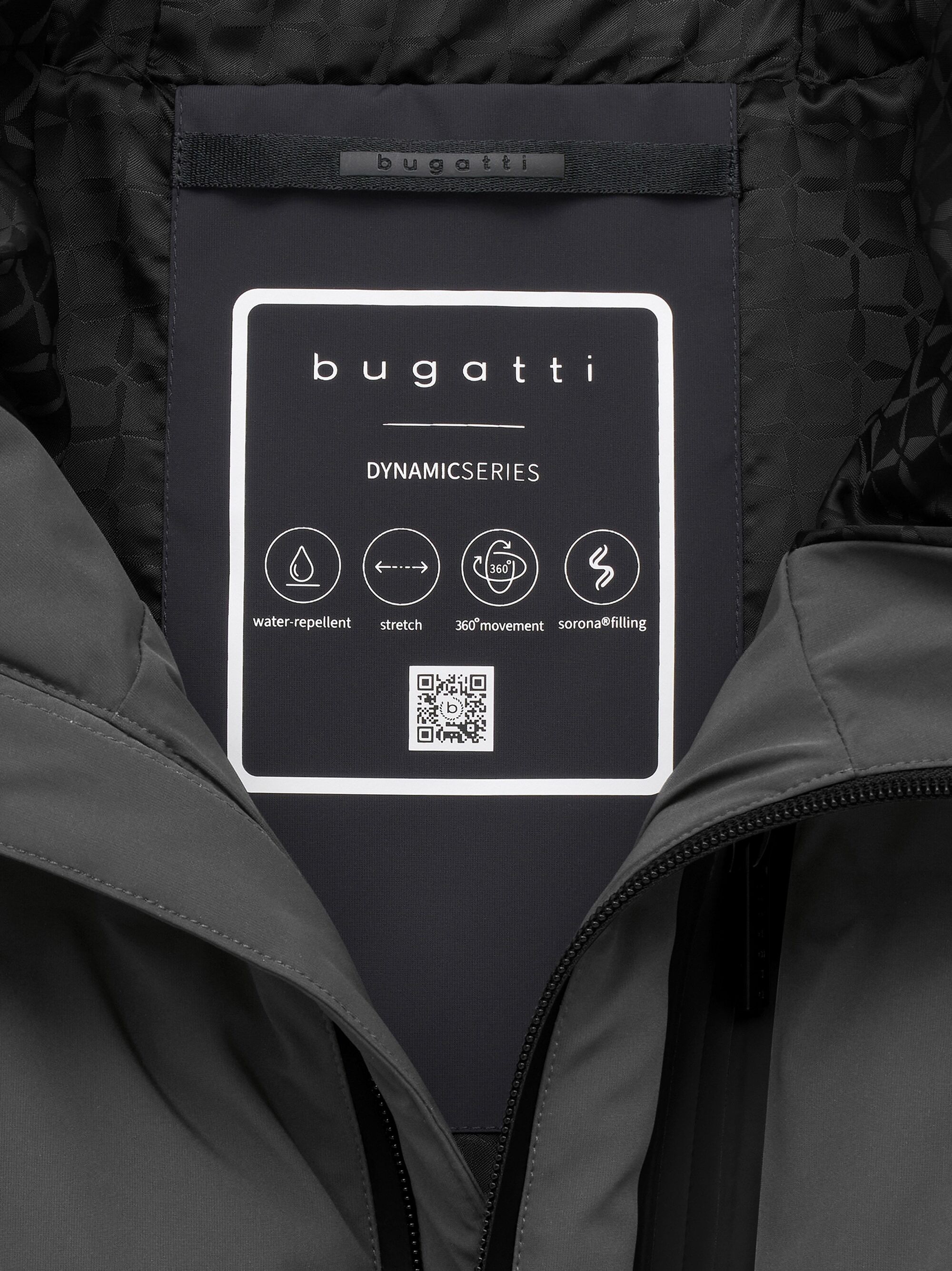 Winterjacke BUGATTI "Dynamic Series", Herren, Gr. 50, grau (270, dunkelgrau), 88% Polyamid, 12% Elasthan, unifarben, regular fit, Umschlagsaum, Jacken Winterjacke, Dynamic Series Stretch Sorona Kapuze