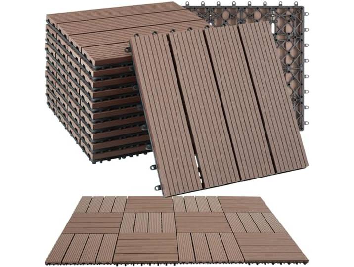 tectake® 11 Dalles clipsables exterieur 31 x 31 cm\, Caillebotis exterieur aspect Bois Dalle WPC\, Surface couverte 1.0571 m²\, Résistant intempéries\, Revêtement sol extérieur Terrasse\, Balcon\, Veranda