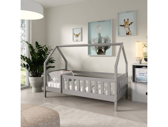 Kinderbett BELLA 80x190 cm mit Geländer Kiefer, In Form eines Hauses, Grau