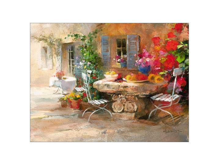 Tableau Jardin fleuri Cadre : panneau de fibres de bois MDF Revêtement : toile Vert/Marron/Rouge 77 x 57 x 2cm