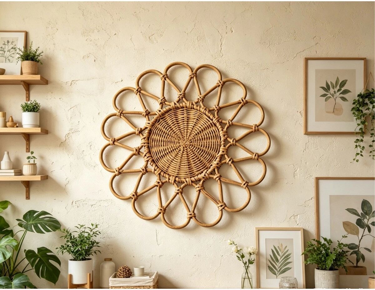 INF Handgeflochtene Rattan-Wanddekoration rund - Spinnenlilie, Naturholzfarbe, Nordic Boho Wandbehang für Wohnzimmer und