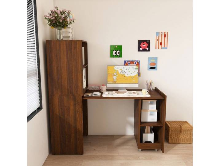 Bureau extensible aspect noyer foncé 126x55x136cm armoire rangement étagères réglables pour bureau‑chambre