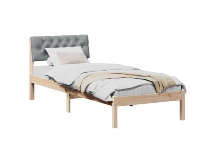 KTHLBRH Bettgestell aus Kiefernholz, Braun, Hellgrau, 75 x 190 cm Gepolstertes Kopfteil, quadratische Beine, modernes Design, pflegeleicht
