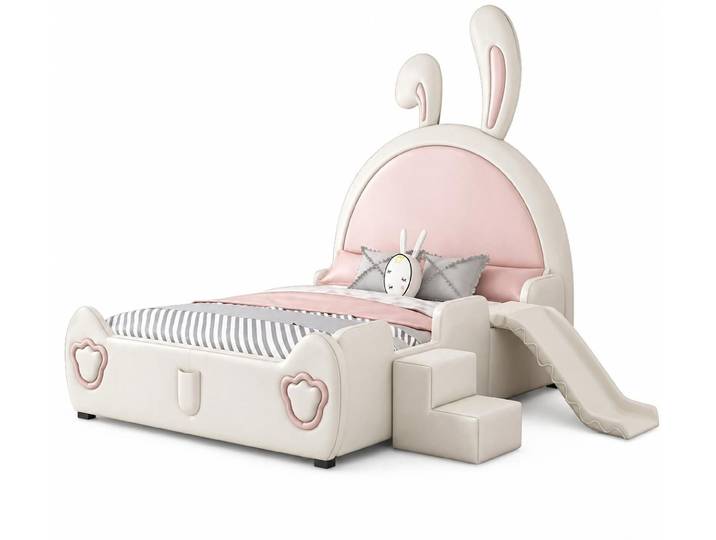 JVmoebel Kinderbett Hellrosa Kinderbett mit Rutsche und Treppe Häschen für Mädchen, Made in Europa