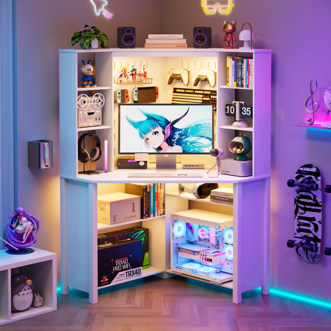 Blue Elephant Pentagonal Corner Computer Desk with Charging Station, Adjustable Led Lighting and 9 Layers Open Storage Space White 106cm W X 30cm D