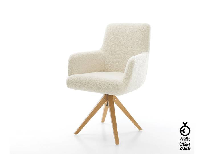 Drehstuhl Heira-Flex mit Armlehnen Teddystoff Beige Holzgestell kantig Natur 360° drehbar Taschenfederkern, Esszimmerstühle