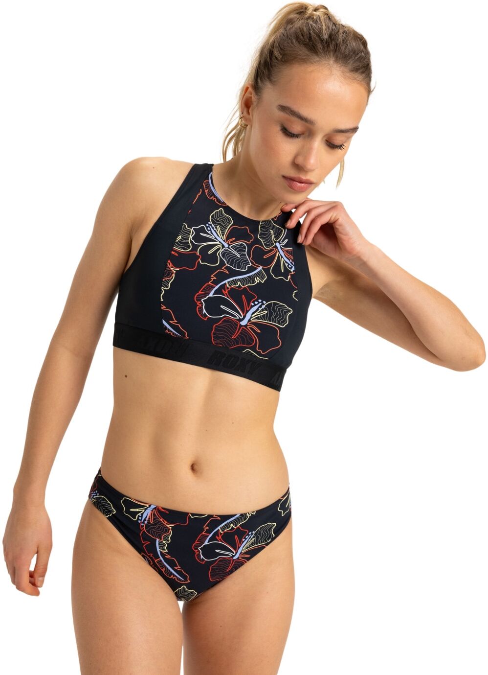 Bikini-Hose ROXY "Roxy Active", Damen, Gr. XS, grau (anthrazit athletic hibiscus), Obermaterial: 75% Nylon, 25% Elasthan., Badehosen Bikini-Hose