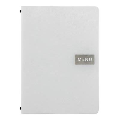 Securit® Speisekartenhülle A4 "Leather" - Weiß - Linie "Raw" - 100% ökologisches Leder - "Menu"-Plakette + Blankoplakette inklusive - 4 Sichtseiten