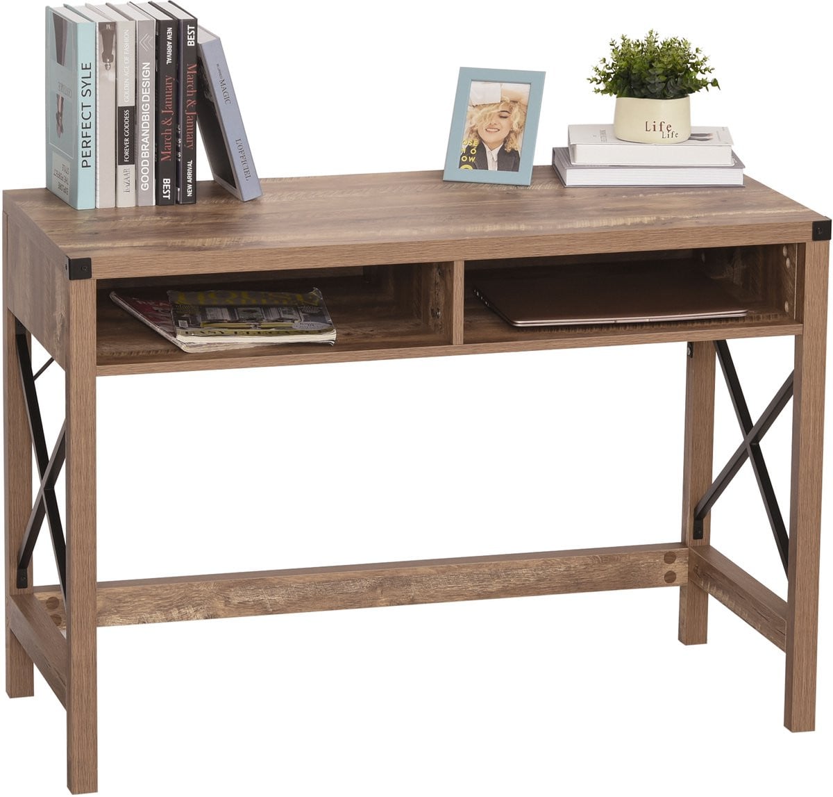 Compact bureau met 2 opbergvakken en metalen frame in het bruin