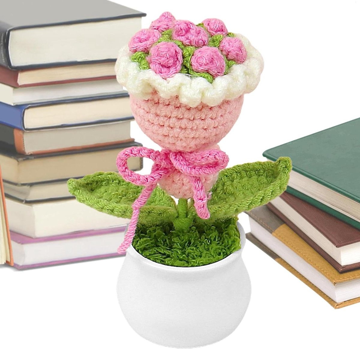 Handgemaakt gehaakt bloem boeket decoratie - Roze - Hoogte: 15 cm