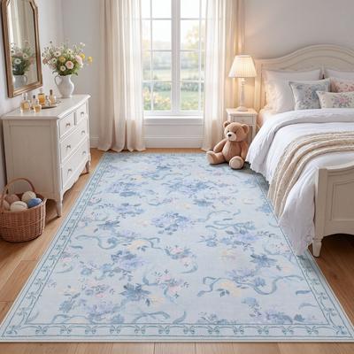 Bluebell Floral Area Rug for Bedroom Nursery, Washable Low Pile Carpet, Pink/Blue