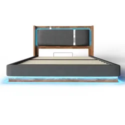 STILVORA Polsterbett aus Leinen und Holz, Grau, 140x190 cm, mit LED und Stauraum