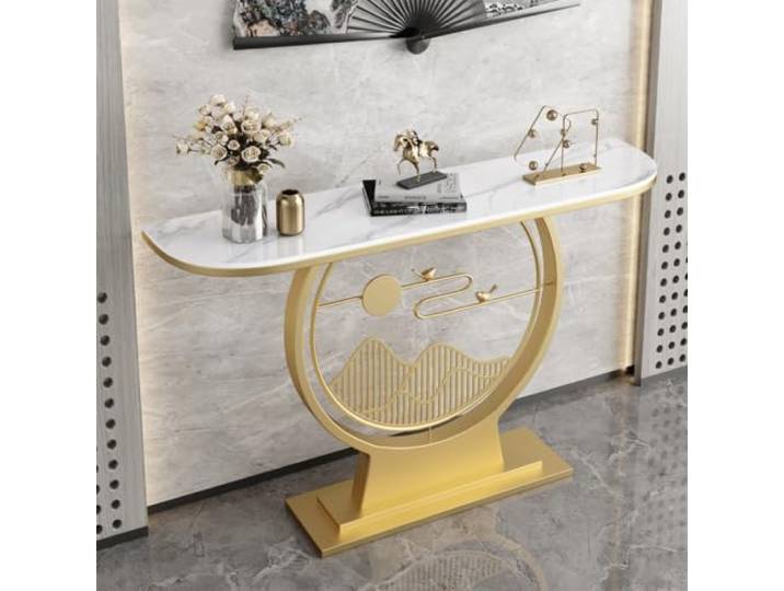 Moderner Konsolentisch, schmaler Flurtisch mit Steinplatte, Metallgestell Stabile Steinplatte, platzsparendes Design, robuster Metallrahmen, vielseitig einsetzbar(Gold-B,47.2in*11.8in)