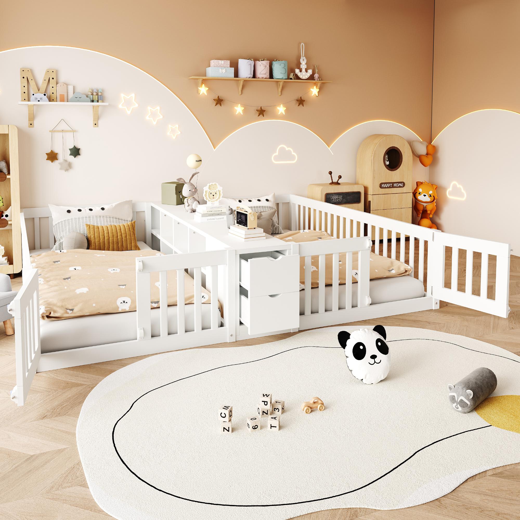MODFU Tagesbett 90 x 200 mit zwei Bett,Kinderbett mit Hohe Seitengitter,Bettgestell mit offenes Mittelregal und zwei Schubladen,Weiß(Mit zwei Matratze)