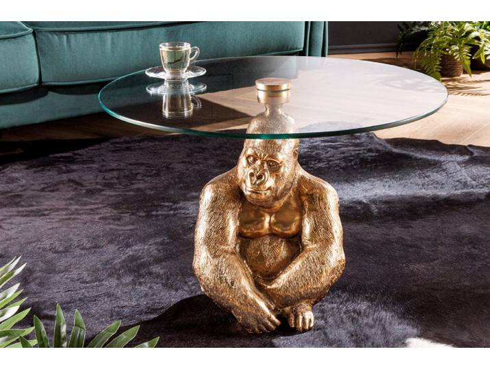 riess-ambiente Couchtisch WILDLIFE KONG 60cm gold / transparent (Einzelartikel, 1-St), Wohnzimmer · Glas · Metall · rund · Affenfigur · Gorilla-Skulptur