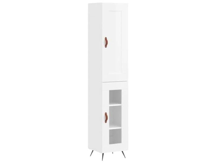 GFMGUEMV Highboard Hochglanz-Weiß Holzwerkstoff 34,5x34x180 cm mit Türen Glastür, Metallfüße, robuste Konstruktion, feuchtigkeitsbeständig, wandmontagefähig