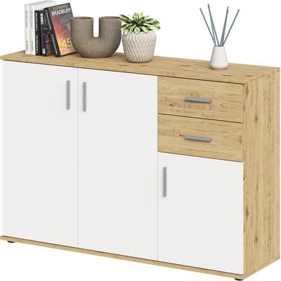Kommode FMD "Albi", weiß (artisan eiche, weiß), B:120,5cm H:83cm T:35cm, Holzwerkstoff, Sideboards, Kommode, Kommode 3-türig, 2 Schubladen, 1 Innenboden, Breite 120,5 cm