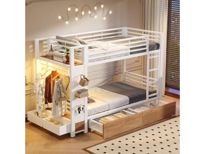 Bellemave Etagenbett 90x200 cm Weiß, Metallbett mit Kleiderstange, LED Metallbett mit 4 Schubladen, Kleiderstange und Ablageflächen; LED-Beleuchtung, EN747 geprüft, 90x200 cm, ohne Matratze