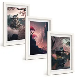 BILDER SET 3er Set - 20x30 cm Weißer Rahmen - Fantasielandschaften der japanischen Berge