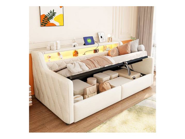 SOFTWEARY Schlafsofa mit LED-Beleuchtung, 90x200 cm, mit Aufbewahrung, Polsterbett mit Lattenrost, Einzelbett, Jugendbett, Bezug aus Leinen