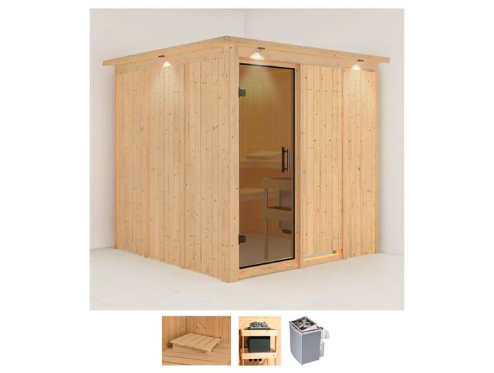 Sauna KARIBU Rodin , beige (naturbelassen), Saunaofen, integrierte Steuerung, 9 kW, Saunen, Sauna, 9-kW-Ofen mit integrierter Steuerung