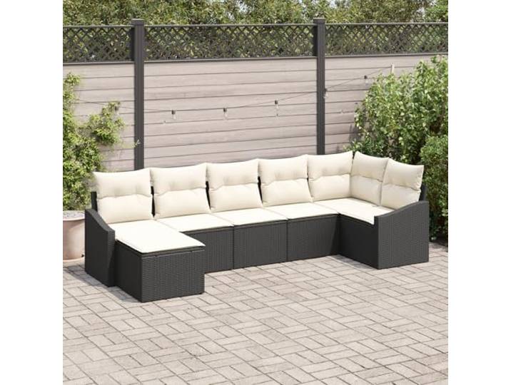 HEFZGDB 7-teiliges Garten-Esszimmer-Set mit Kissen in Schwarz aus Poly-Rattan, wetterfestes Outdoor-Möbel für Terrasse und Balkon mit bequemen Sitzkissen und modularem Design,