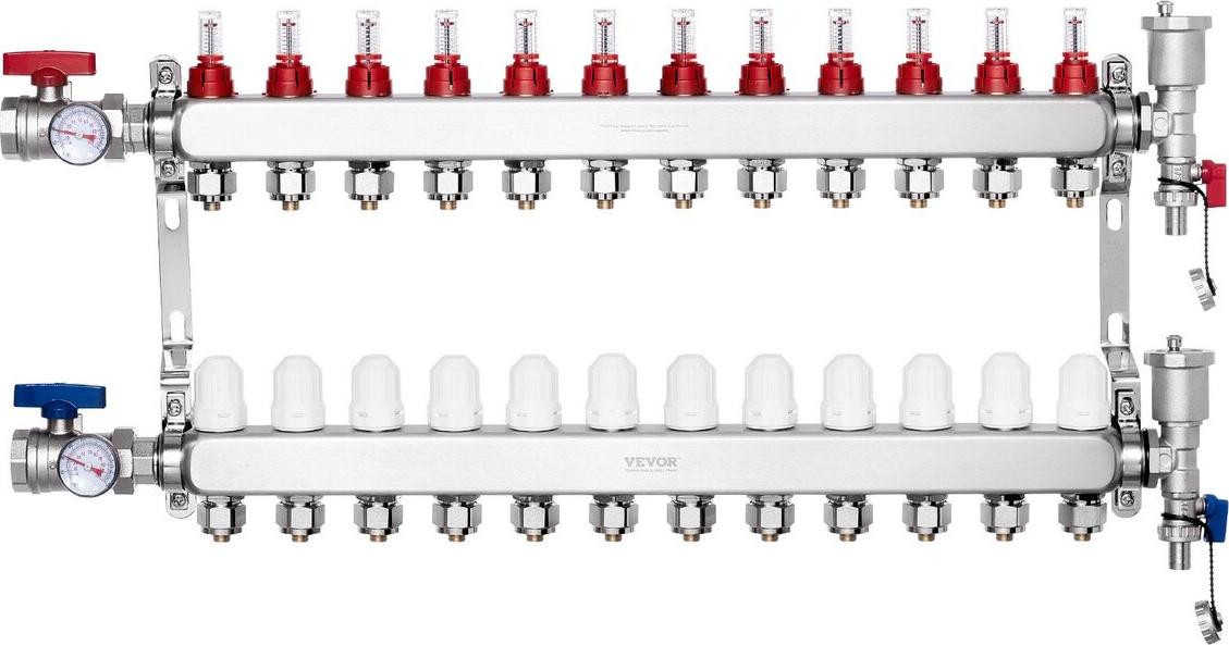 VEVOR Verwarmingsverdeelstuk met 12 uitgangen voor vloerverwarming, geschikt voor 1/2 inch PEX-buis